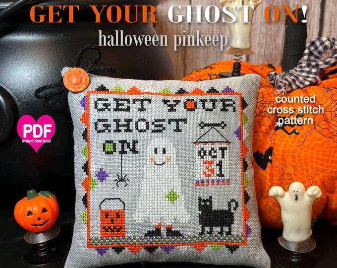 GET YoUR GHoST ON Pinkeep PDF Instant Download counted cross stitch pattern CalicoConfectionery Halloween Cat Pumpkin Pincushion