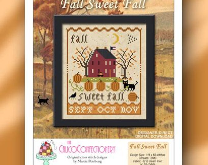 FALL SWEET FaLL Paper/Printed counted cross stitch pattern CalicoConfectionery Fall Harvest Seasonal Pumpkin Cat