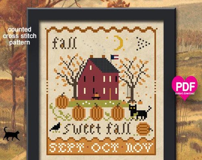 FALL SWEET FaLL PDF/Instant Download counted cross stitch pattern CalicoConfectionery Fall Harvest Seasonal Pumpkin Cat