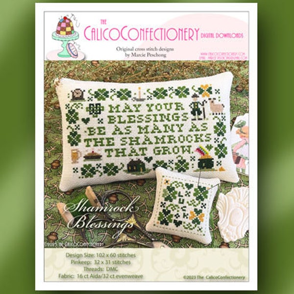 SHAMROCK BLESSINGS Paper/Mailed counted cross stitch pattern CalicoConfectionery St. Patrick's Day Pinkeep