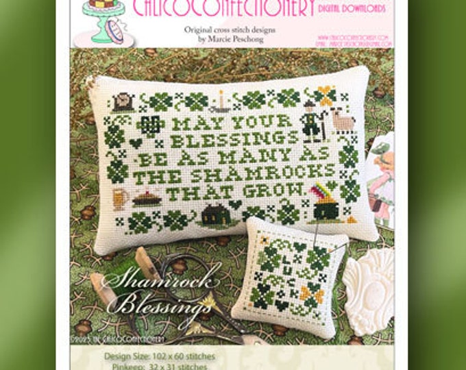 SHAMROCK BLESSINGS Paper/Mailed counted cross stitch pattern CalicoConfectionery St. Patrick's Day Pinkeep