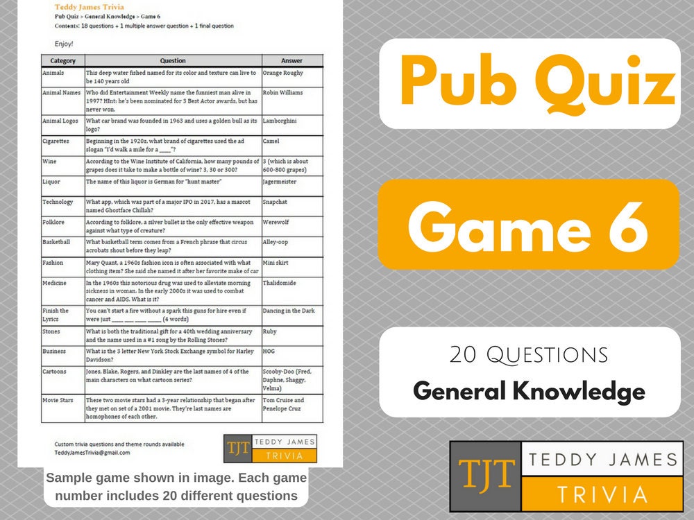 Trivia Questions For Pub Quiz Game 6 20 General Knowledge Etsy