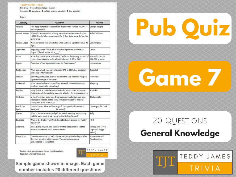 Trivia Questions for Pub Quiz Game 7 20 General Knowledge - Etsy Trivia Questions for Pub Quiz Game 7 20 General Knowledge - Etsy