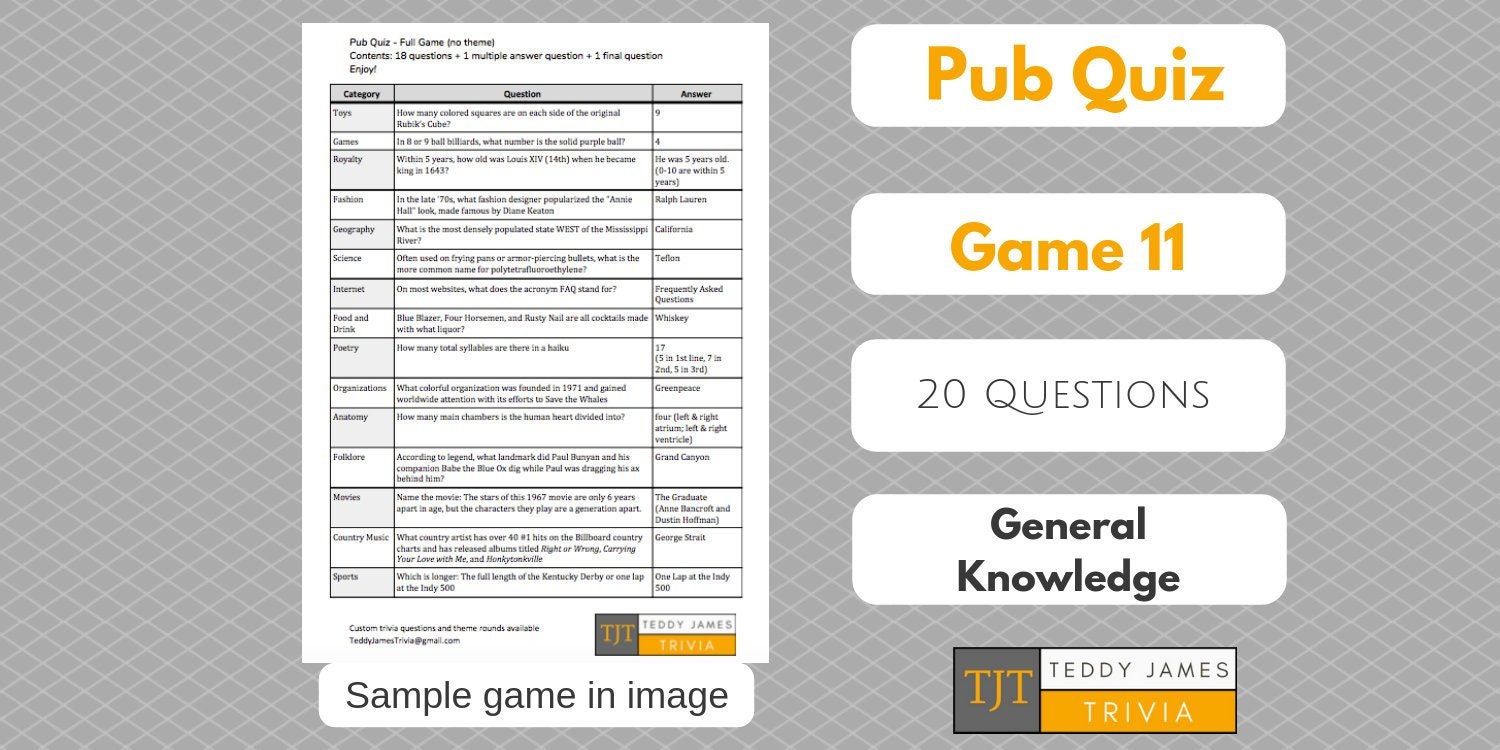 Trivia Questions For Pub Quiz Game 11 20 General Etsy