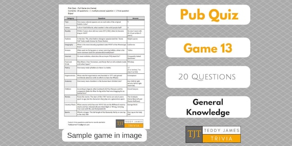 Trivia Questions For Pub Quiz Game 13 20 General Etsy