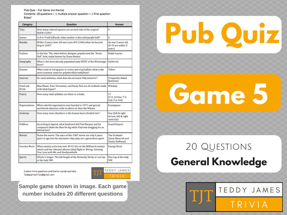 Trivia Questions for Pub Quiz GAME 5 20 General Knowledge Questions