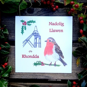 Carden Nadolig Cymraeg.  Nadolig Llawen of Rhondda.  Welshe kerstkaart.  Vrolijk kerstfeest van de Rhondda.  Vierkante kaart van 150 mm.  Afdrukken.