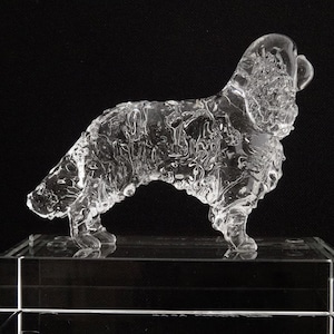 May include: A clear glass sculpture of a Cavalier King Charles Spaniel dog. The sculpture is detailed with intricate swirls and bubbles in the glass. The dog is standing on a clear glass base.