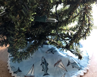 10 inch diameter sailboats and fish mini tabletop tree skirt