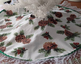 18 inch diameter pinecones and Holly Christmas tree skirt