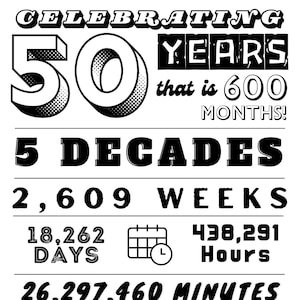 Pôster para impressão de 50 anos para aniversário, reunião, aniversário - DOWNLOAD INSTANTÂNEO com vários tamanhos - Curiosidades. 18x24, 16x20, 8x10, 8,5x11