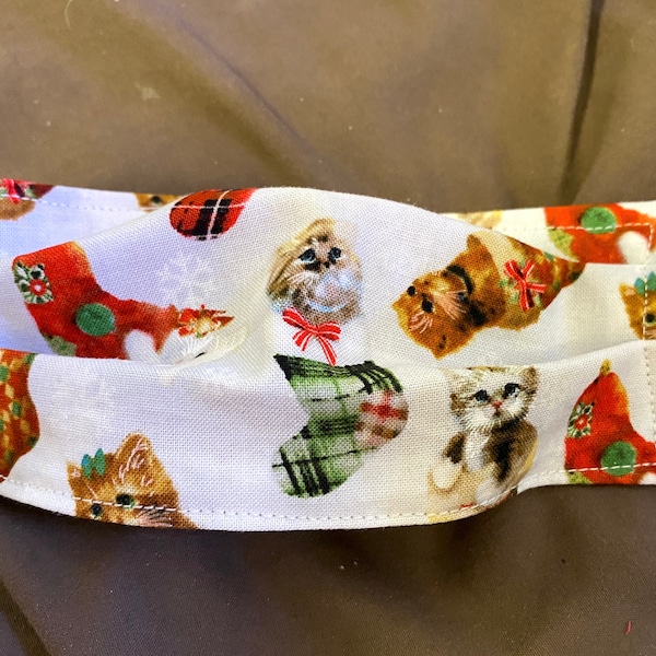 Kids Sized Kittens in Stockings Christmas Tree Face Mask, PATTERNS VARY, Washable, Non Latex Elastic loops, Kittens Christmas Mask