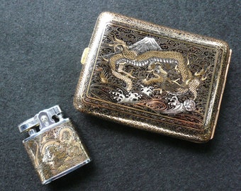 Antique Japanese Damascene Style Cigarette Case And lighter