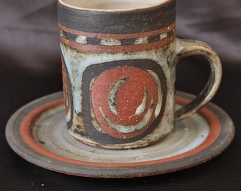 Vintage Briglin Studio Pottery Coffee Cup & Saucer with Swirl Decoration, 1970&#39;s