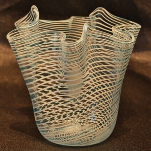 Linea Valentina Murano Blue Latticino Art Glass Handkerchief Vase 1