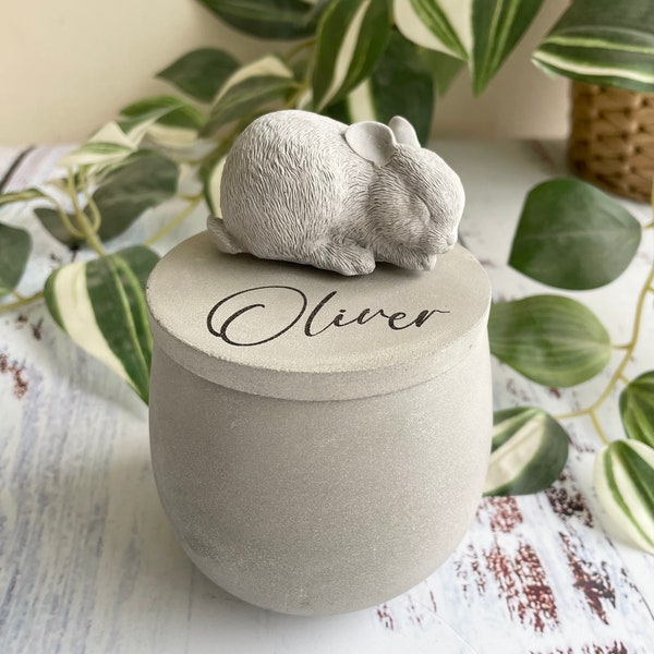 Small indoor Personalised Concrete urn |  rabbit urn | pet loss | rabbit memorial | stone urn | bunny memorial | laser engraved urn