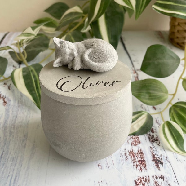 Small indoor personalised Concrete urn | cat urn | pet urn | cat memorial | pet memorial | pet memorial pot | laser engraved urn