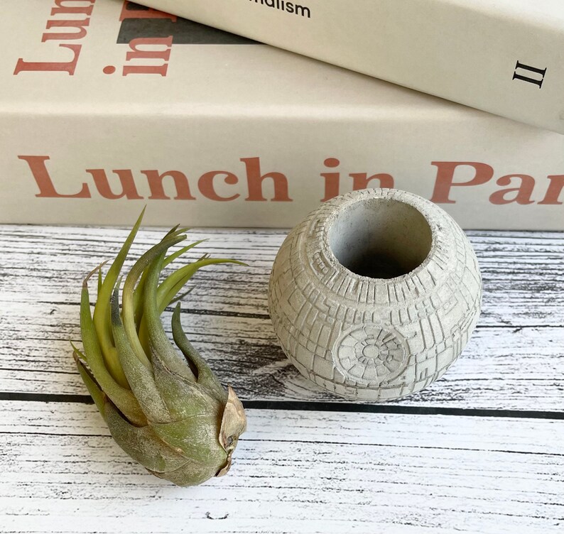 Small Concrete Death Star AIR PLANT holder, air plant gift , planter pot, geek gift, concrete decor, housewarming gift, sci-fi gift image 6