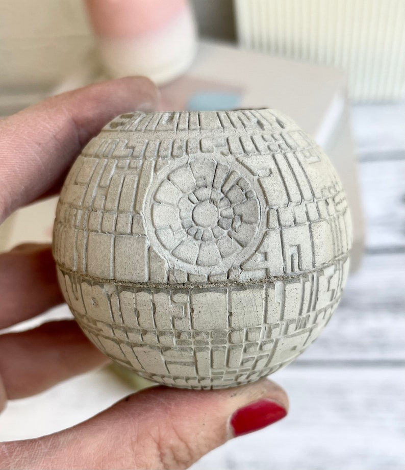 Small Concrete Death Star AIR PLANT holder, air plant gift , planter pot, geek gift, concrete decor, housewarming gift, sci-fi gift image 7