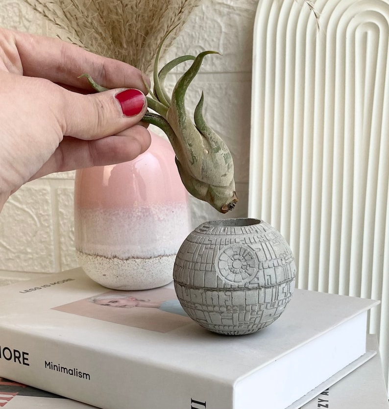 Small Concrete Death Star AIR PLANT holder, air plant gift , planter pot, geek gift, concrete decor, housewarming gift, sci-fi gift image 4