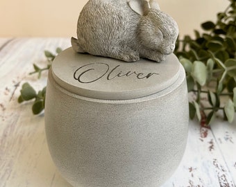 Small indoor Personalised Concrete urn |  rabbit urn | pet loss | rabbit memorial | stone urn | bunny memorial | laser engraved urn