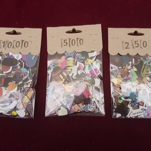 May include: Three bags of colorful paper confetti, each bag labeled with a different quantity: 100, 50, and 250. The confetti is made of various shapes and sizes, including hearts, stars, and other abstract designs.