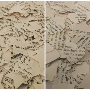 May include: A close-up image of a pile of paper hearts and stars cut from old book pages. The hearts and stars are scattered on a white surface. The text on the paper pieces is visible and includes phrases like "Charlotte is with the passion" and "Scatcherd does has done and er injustice".