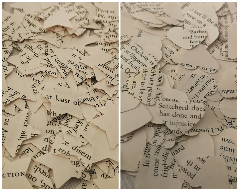 May include: A close-up image of a pile of paper hearts and stars cut from old book pages. The hearts and stars are scattered on a white surface. The text on the paper pieces is visible and includes phrases like "Charlotte is with the passion" and "Scatcherd does has done and er injustice".