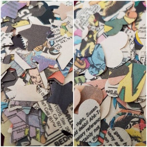 May include: A close-up of confetti made from recycled comic book pages. The confetti is in the shape of hearts and stars. The confetti is a mix of colors, including red, blue, yellow, green, and black.