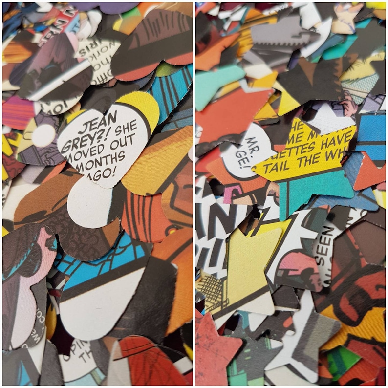 May include: A collection of colourful paper confetti cut into heart and star shapes. The confetti is made from recycled comic book pages. Some of the confetti has text printed on it, including "Jean Grey?! She moved out months ago!" and "He me M ettes have tail the wh".