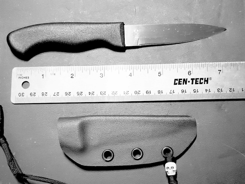 Pikal Knife Style Budget Wally World Mainstays Paring / Utility Knife 3.5 inch with Kydex Sheath and Skull Lanyard Static Cord image 2