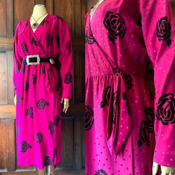 1990's "Liz Claiborne" Fuschia Rosette Print Polka Dot Silk Wrap Dress Size Medium