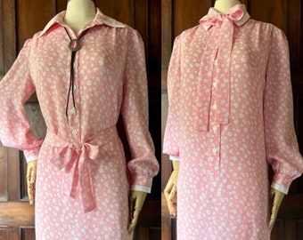 1980's "Leslie Fay" Pink Floral Long Sleeve Tie Waist Shirt Dress Size Small