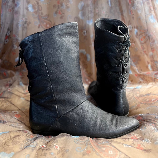 1980s Black Leather Pointed Toe Lace-up Back Mid Calf Boots Size 8