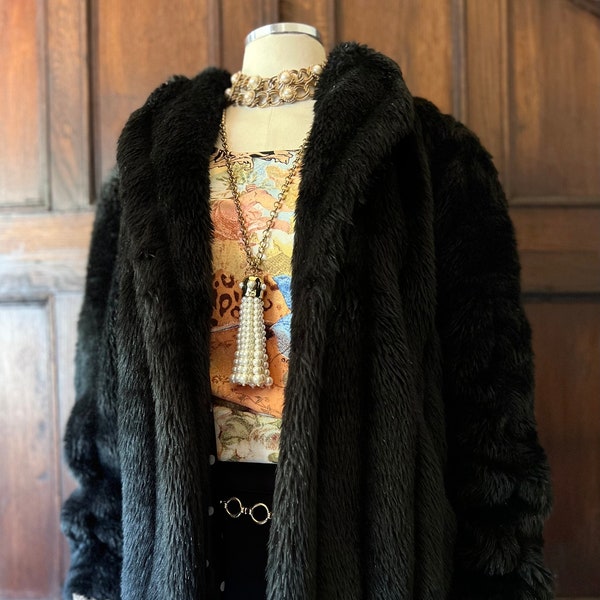 1980s "Sixty Canal" Black Faux Fur Open Coat Size Small