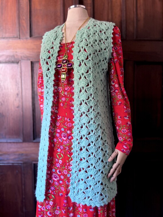 1970s Hand Crochet Robin's Egg Blue Long Sweater … - image 2