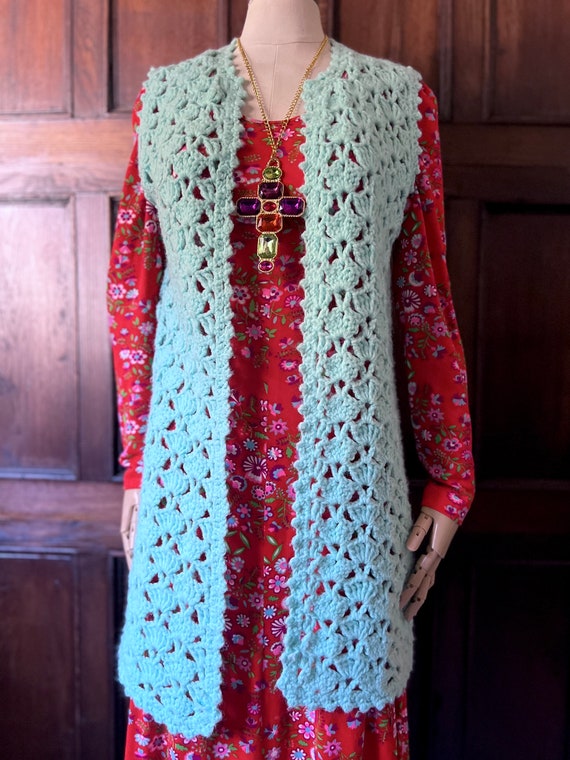 1970s Hand Crochet Robin's Egg Blue Long Sweater … - image 3