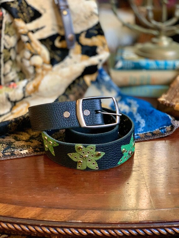 Black Leather Green Floral Rhinestone Grommet Belt