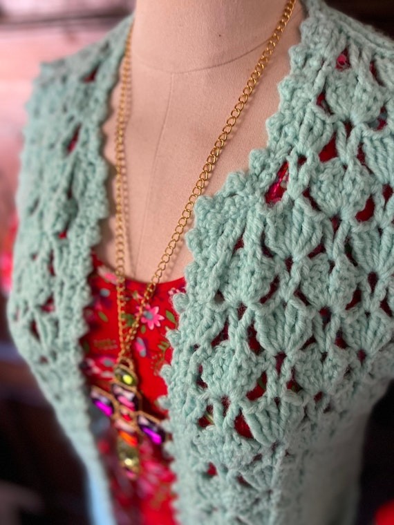 1970s Hand Crochet Robin's Egg Blue Long Sweater … - image 8