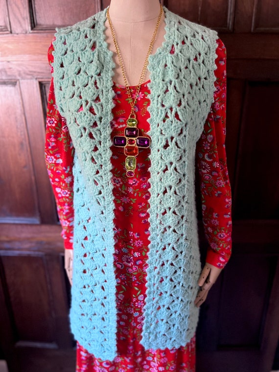 1970s Hand Crochet Robin's Egg Blue Long Sweater … - image 4