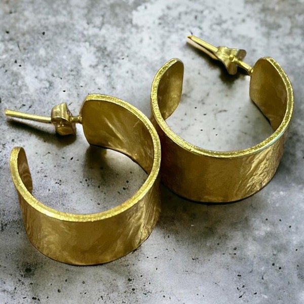 Golden Crescent Hoops Textured Brass Earrings