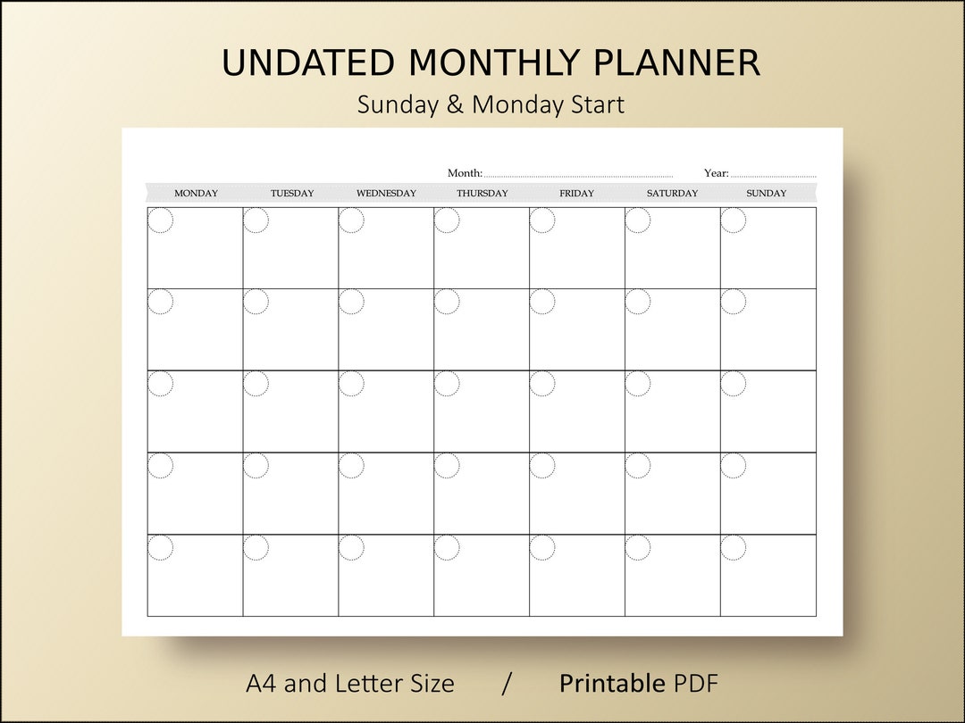 MONTHLY Calendar Planner PDF Printable Template / A4 and Letter Size ...