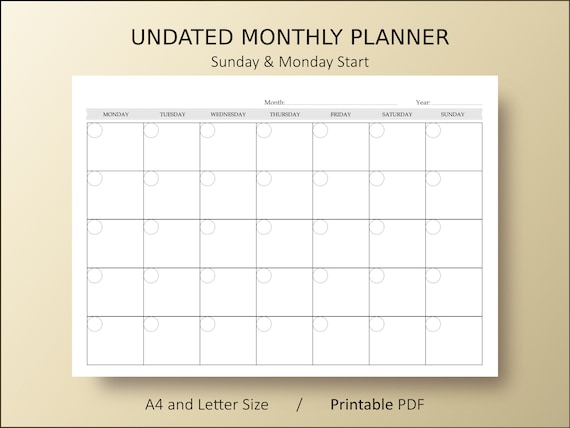 monthly calendar planner pdf printable template a4 and etsy