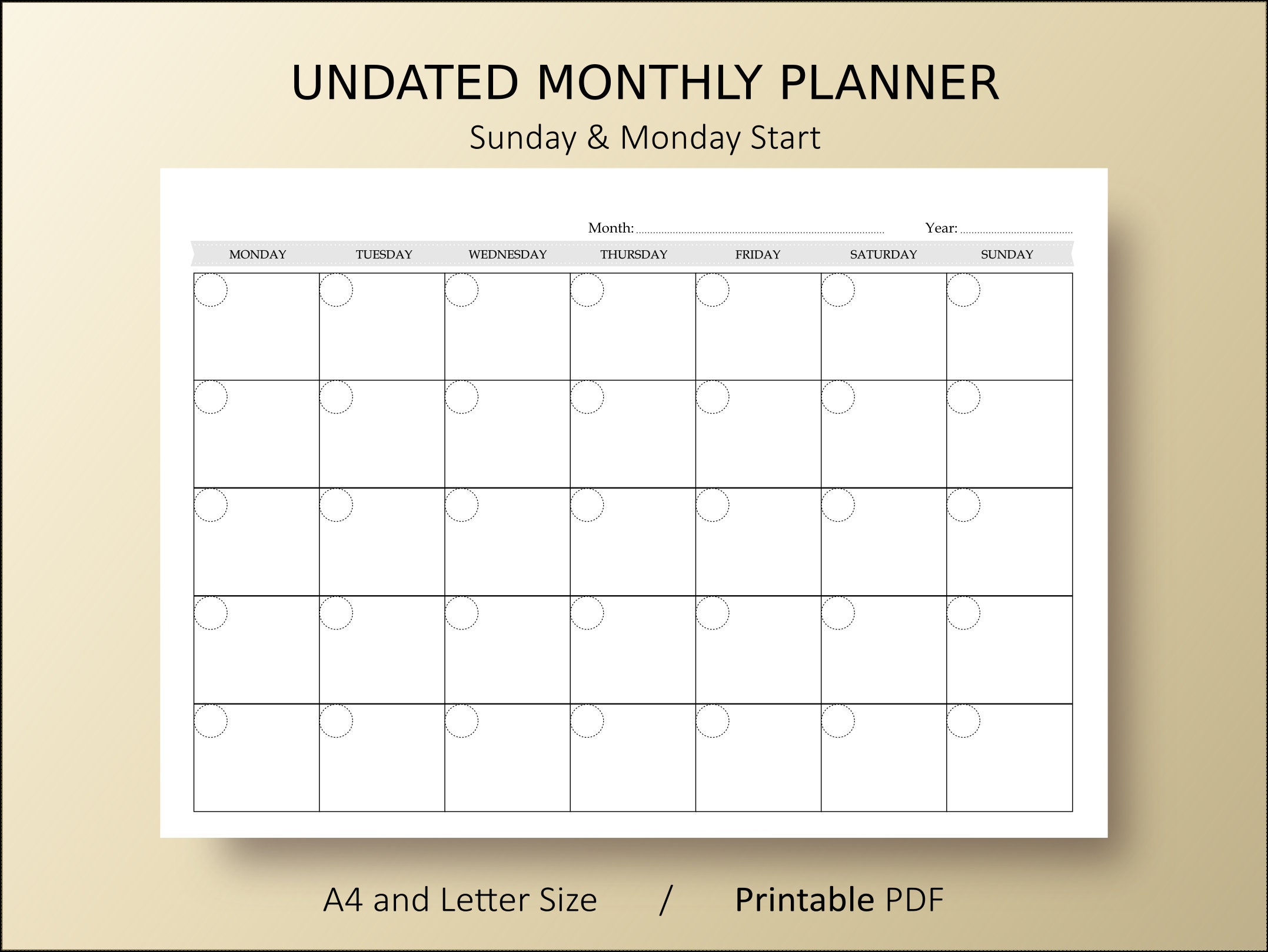 MONTHLY Calendar Planner PDF Printable Template / A4 and Letter Size ...