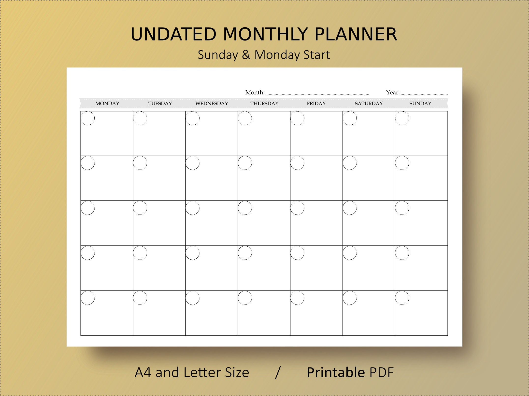 MONTHLY Calendar Planner PDF Printable Template / A4 and Letter Size ...