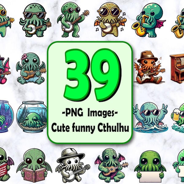 Cute Funny Cthulhu BUNDLE PNG. Clipart. Commercial Use. Stickers. Instant Download. Necronomicon. Lovecraft. Role Playing Game. Octopus.