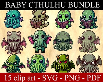 Cute Cthulhu SVG PNG PDF bundle for stickers, Baby Kraken Cthulhu Clipart, Eldritch Horror, Digital Download, Necronomicon, Lovecraft