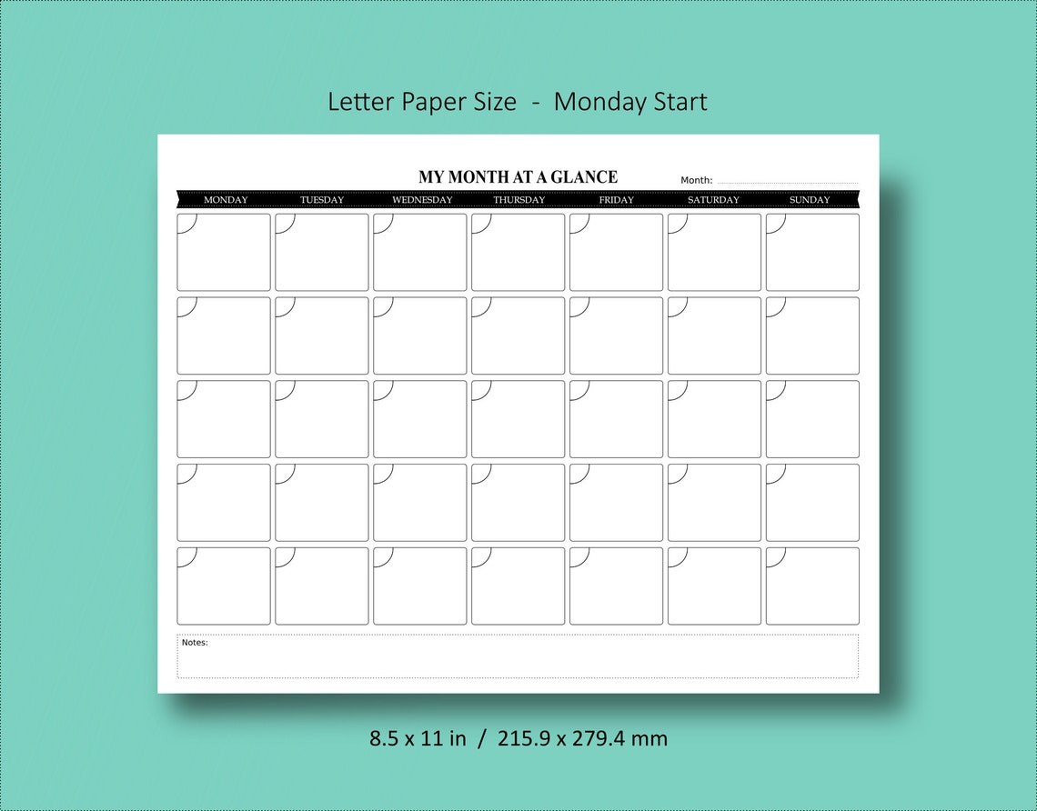 Monthly Planner Printable A4 & Letter Size / Monthly Calendar Etsy