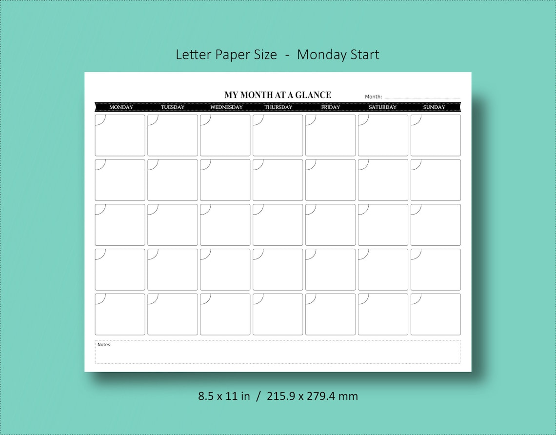 Monthly Planner Printable A4 & Letter Size / Monthly Calendar Etsy