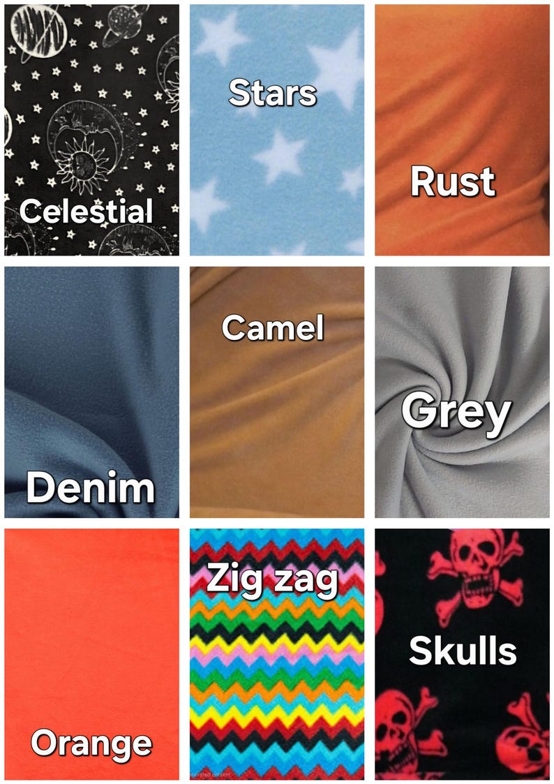K&ouml;nnte beinhalten: Ein Raster aus neun Stoffmustern mit verschiedenen Mustern und Unifarben, beschriftet mit Celestial, Stars, Rust, Denim, Camel, Grey, Orange, Zig zag und Skulls. Die Muster umfassen Himmelsmotive, Sterne, Zickzacklinien und Totenk&ouml;pfe neben einfarbigen Stoffen.